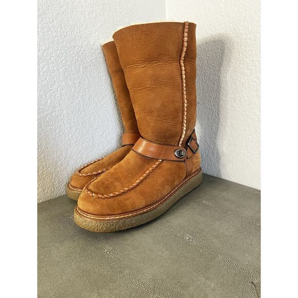 COACH Moto Shearling Turnlock Harness Brown Suede Winter Boot Size 7 - Picture 9 of 12